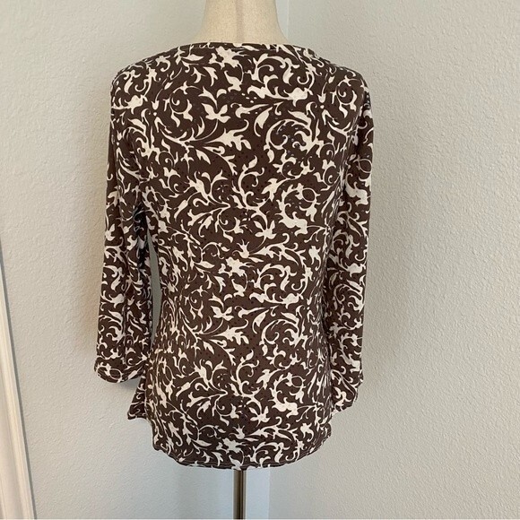 NWT Shimmer Ruche Asymmetrical Neck 3/4 sleeve Floral Taupe Top by JBS Size S - Picture 6 of 10